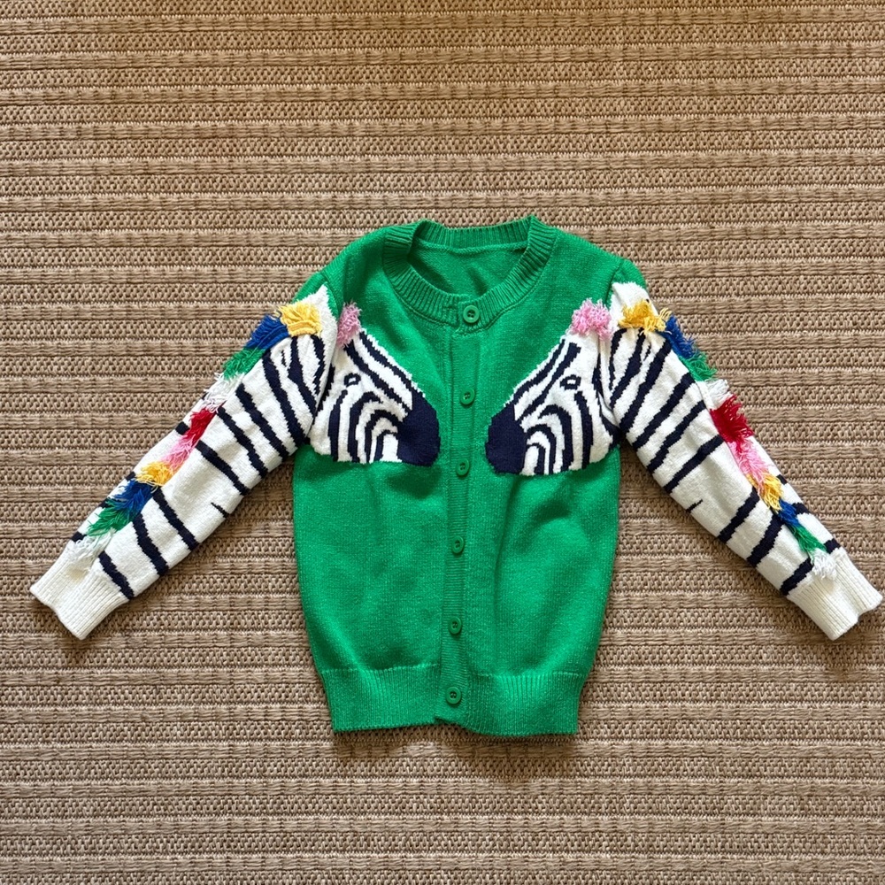 Green Zebra Button-Up Cardigan with Colorful Tassel Sleeves
